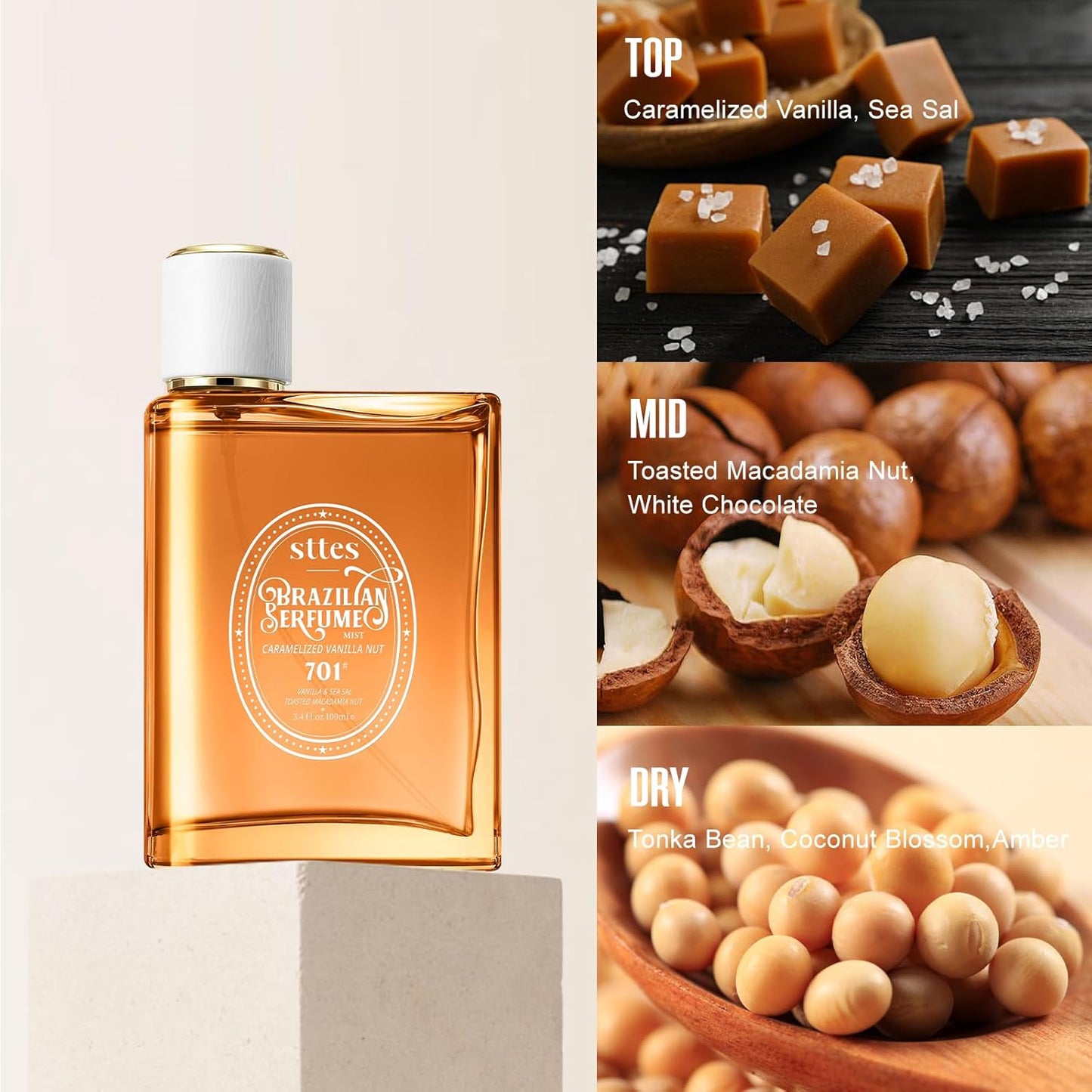 brazilian Perfume 701#（Caramel vanilla macadamia nut） - Eau De Perfume 100ml (3.4fl Oz) amber gourmet tune (Caramel vanilla+roasted macadamia nuts)